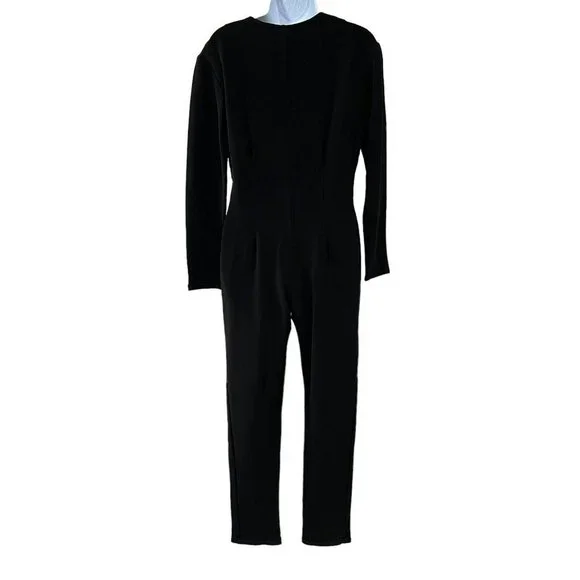 Vintage 80's Black Stretchy Furry Trimmed Leopard Print Bodycon Jumpsuit USA S ? - Picture 2 of 7